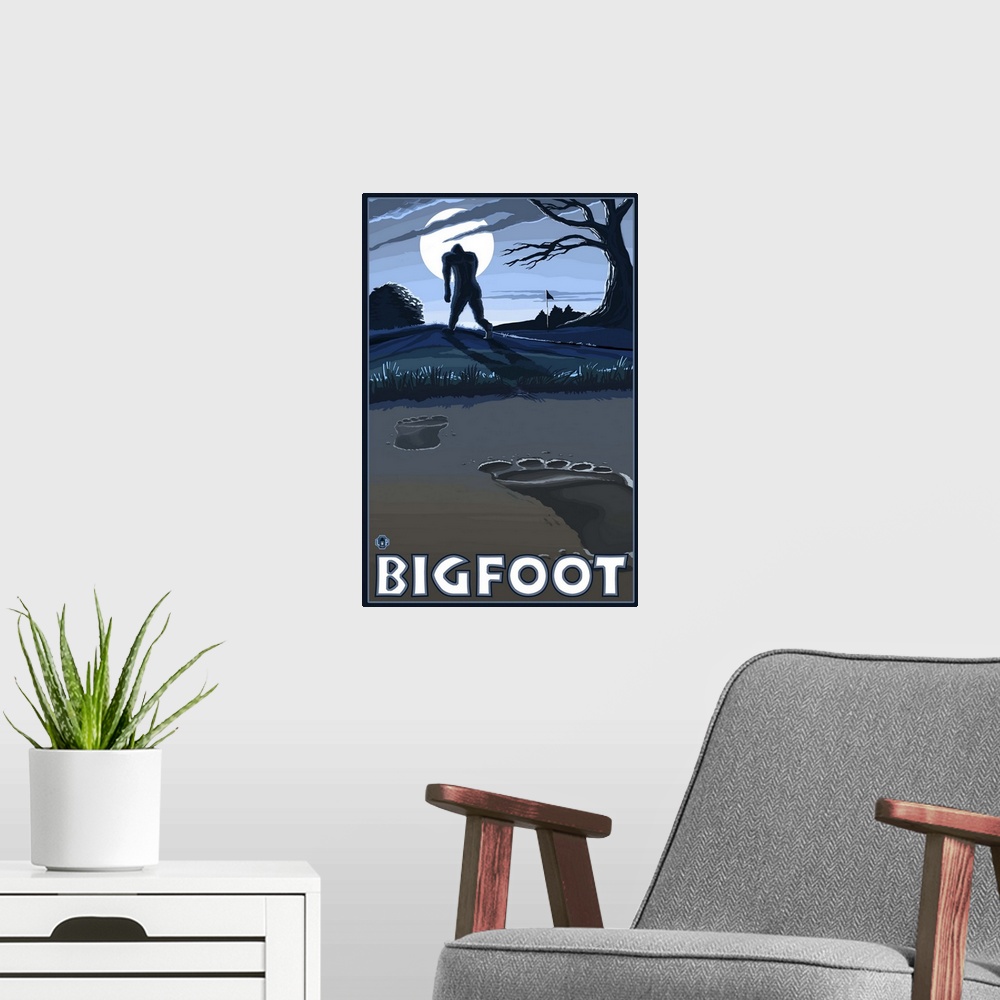 A modern room featuring Bigfoot at Night: Retro Poster