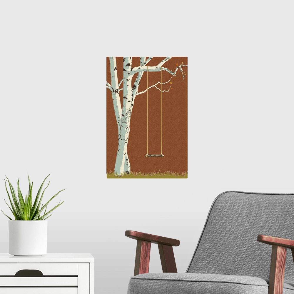 A modern room featuring Birch Tree - Letterpress: Retro Travel Poster
