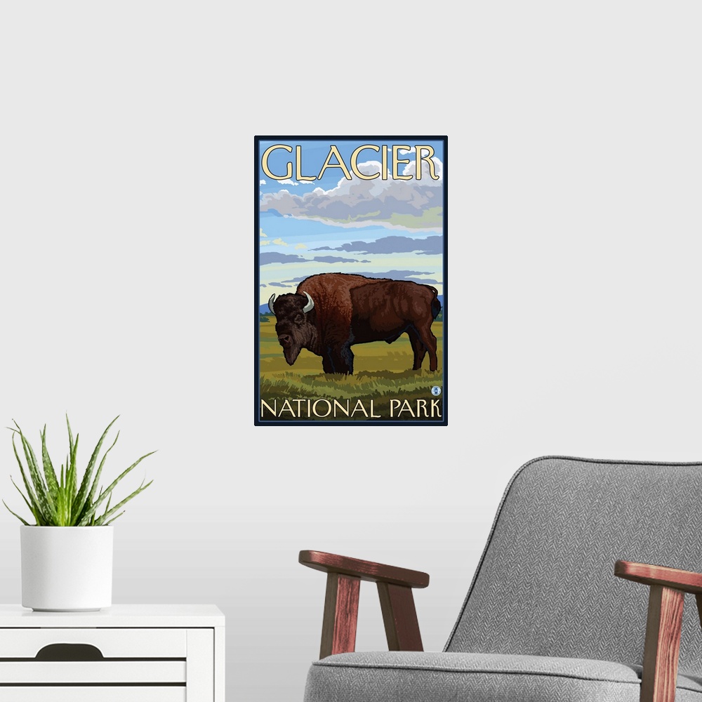 A modern room featuring Bison Scene - Glacier National Park, Montana: Retro Travel Poster