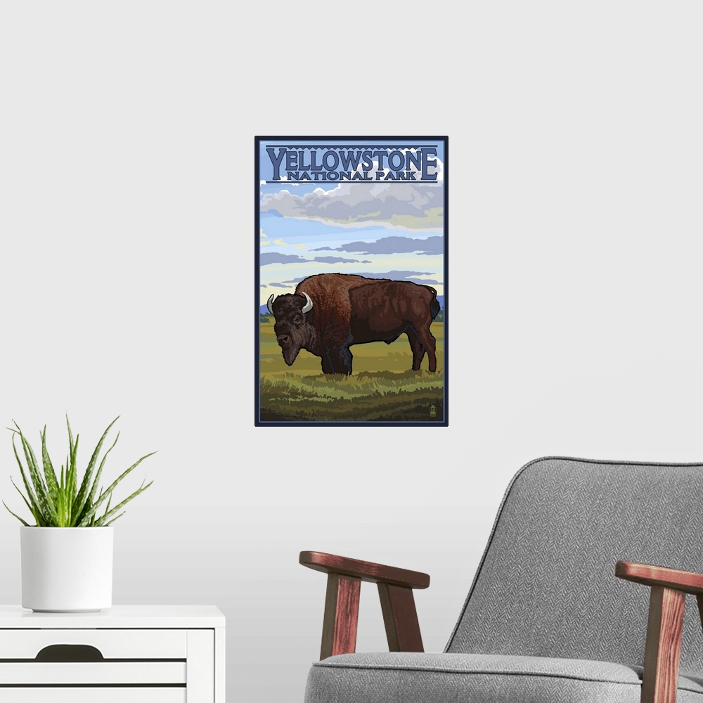 A modern room featuring Bison Scene - Yellowstone National Park: Retro Travel Poster