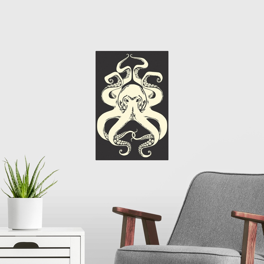 A modern room featuring Black and White Octopus: Retro Art Poster