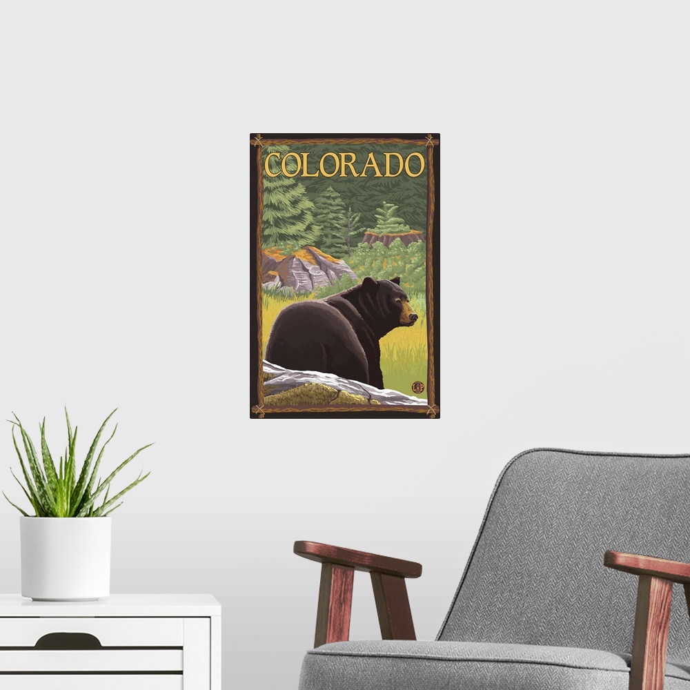 A modern room featuring Black Bear in Forest - Colorado: Retro Travel Poster