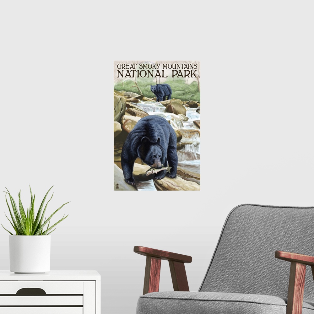 A modern room featuring Black Bears Fishing - Smoky Mountains National Park, TN: Retro Travel Poster