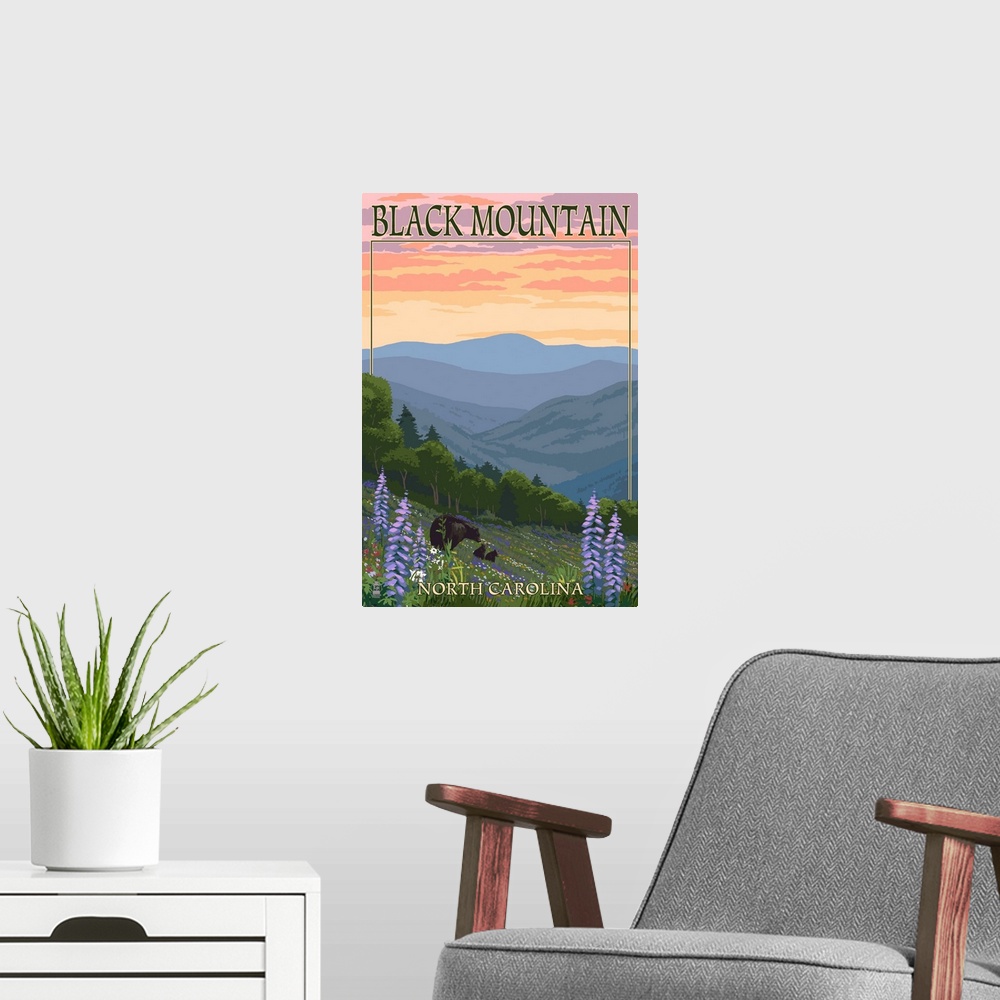 A modern room featuring Black Mountain, North Carolina - Spring Flowers and Bear Family: Retro Travel Poster