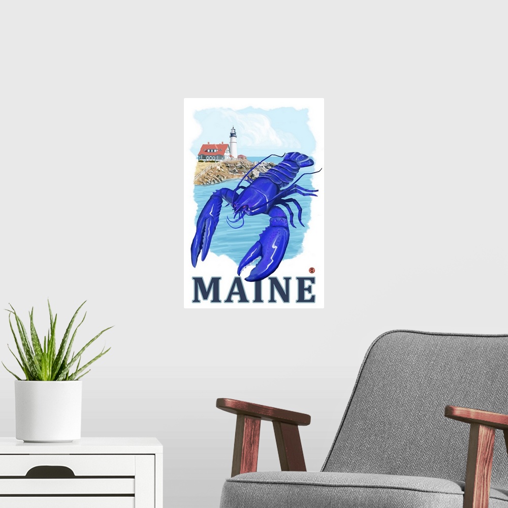 A modern room featuring Blue Lobster and Portland Lighthouse - Maine: Retro Travel Poster
