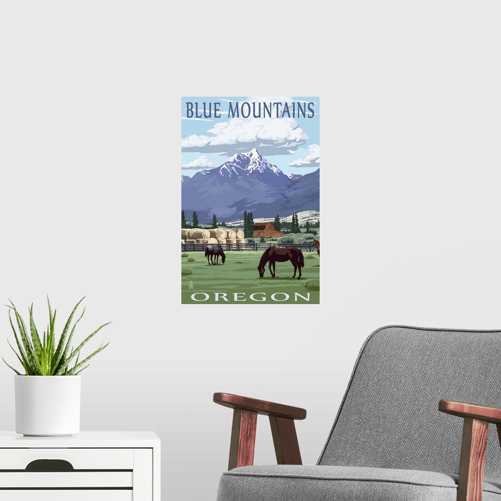 A modern room featuring Blue Mountains Scene - Oregon: Retro Travel Poster