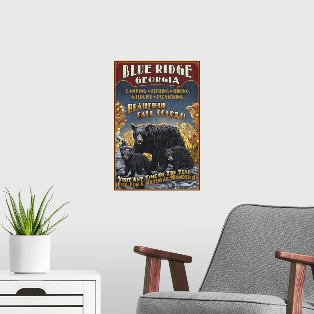 A modern room featuring Blue Ridge, Georgia - Black Bear Family Vintage Sign: Retro Travel Poster