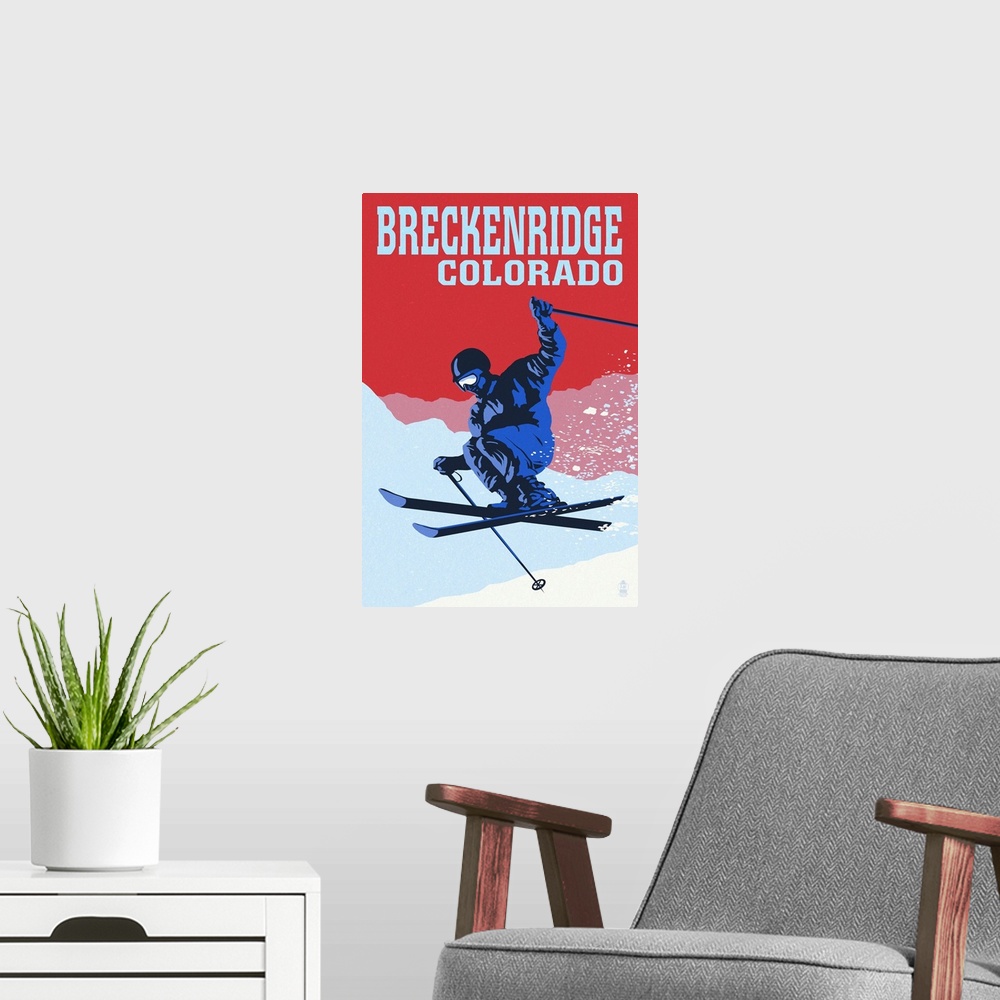 A modern room featuring Breckenridge, Colorado - Colorblocked Skier: Retro Travel Poster