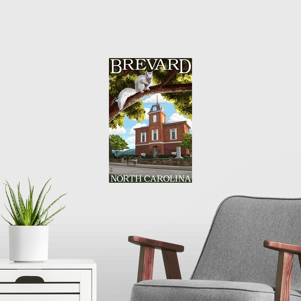 A modern room featuring Brevard, North Carolina - Courthouse and White Squirrel: Retro Travel Poster