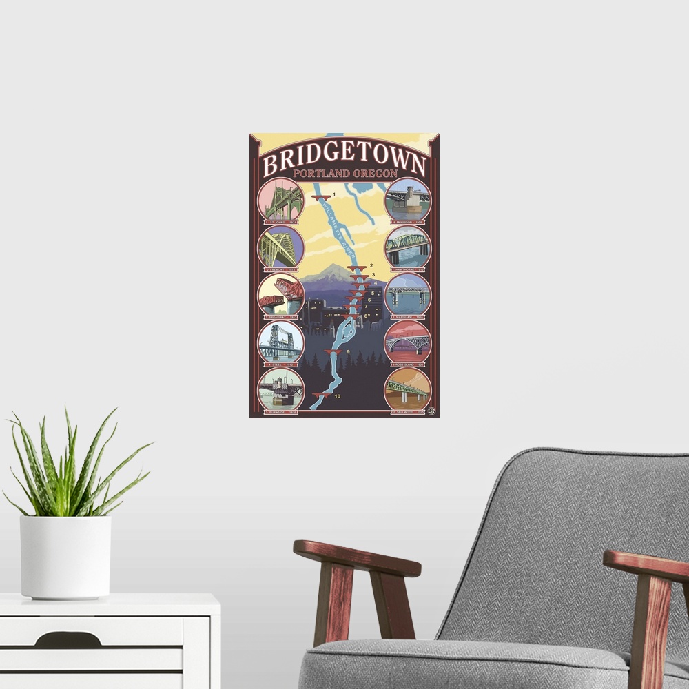 A modern room featuring Bridges of Portland, Oregon: Retro Travel Poster