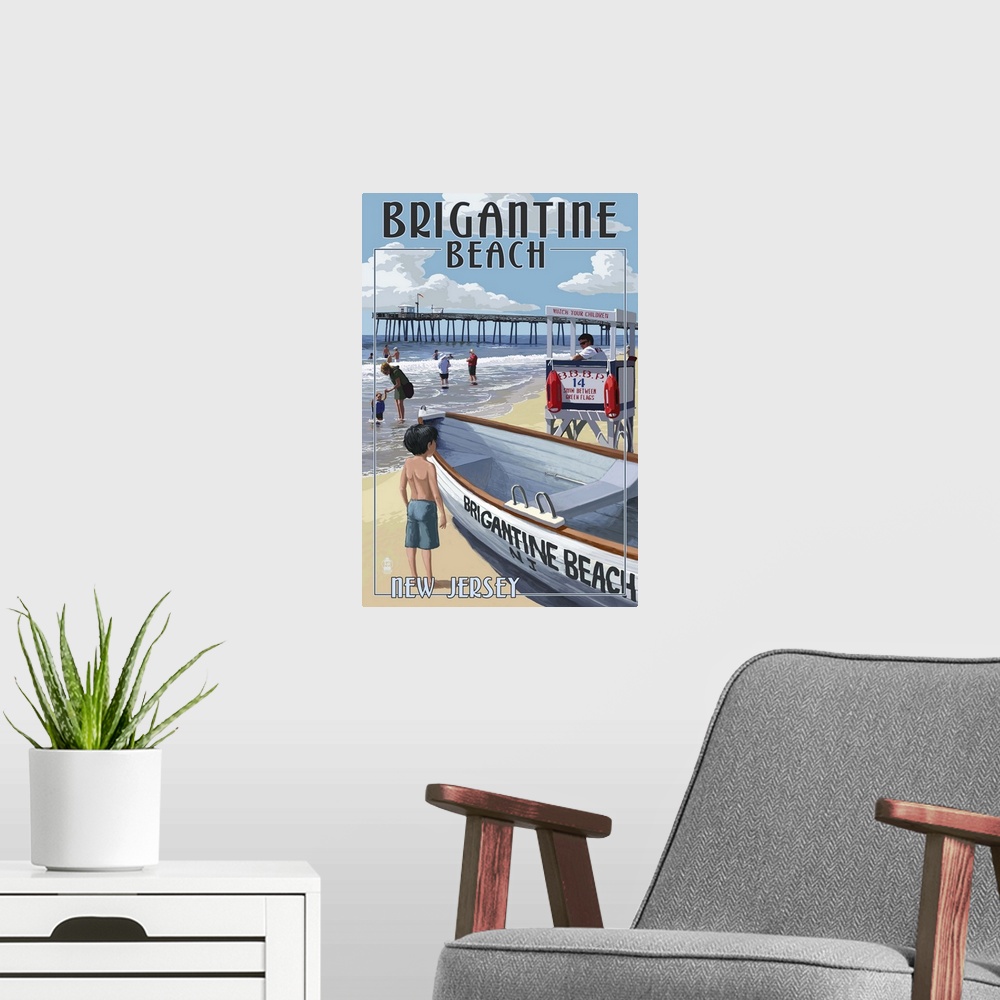 A modern room featuring Brigantine Beach, New Jersey - Lifeguard Stand: Retro Travel Poster