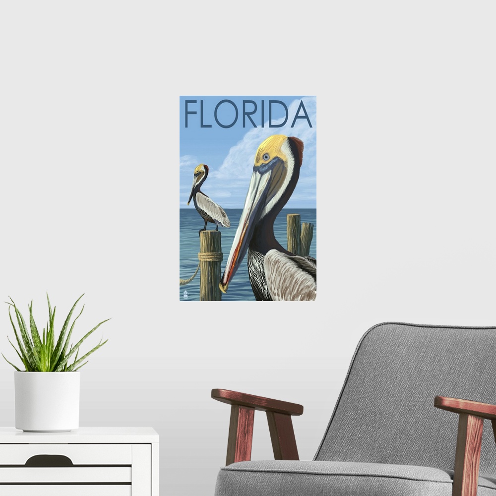 A modern room featuring Brown Pelicans - Florida: Retro Travel Poster
