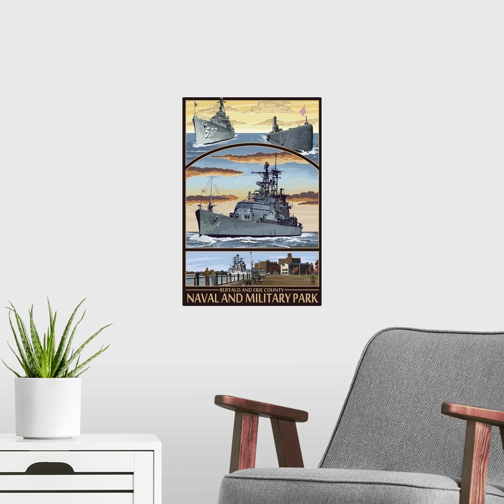 A modern room featuring Buffalo and Erie County Naval and Military Park: Retro Travel Poster