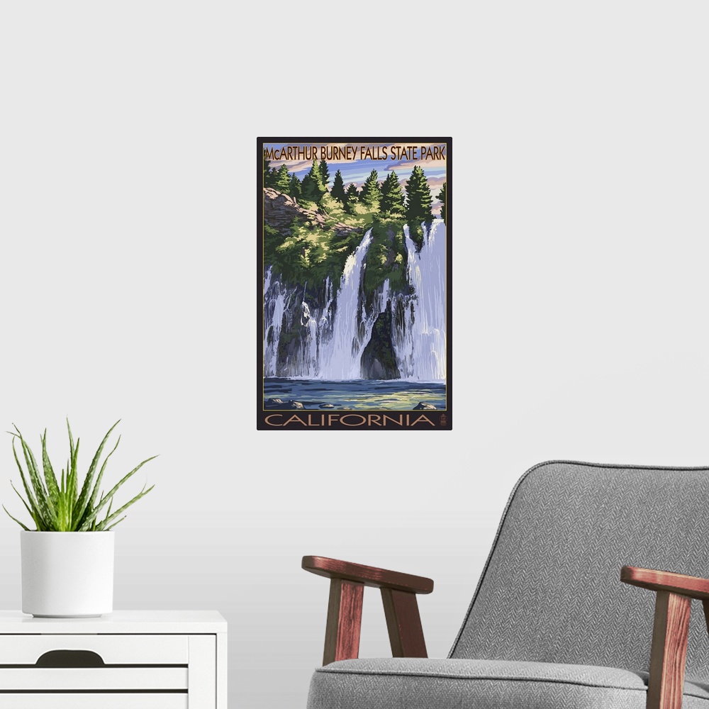 A modern room featuring Burney Falls, California Scene: Retro Travel Poster