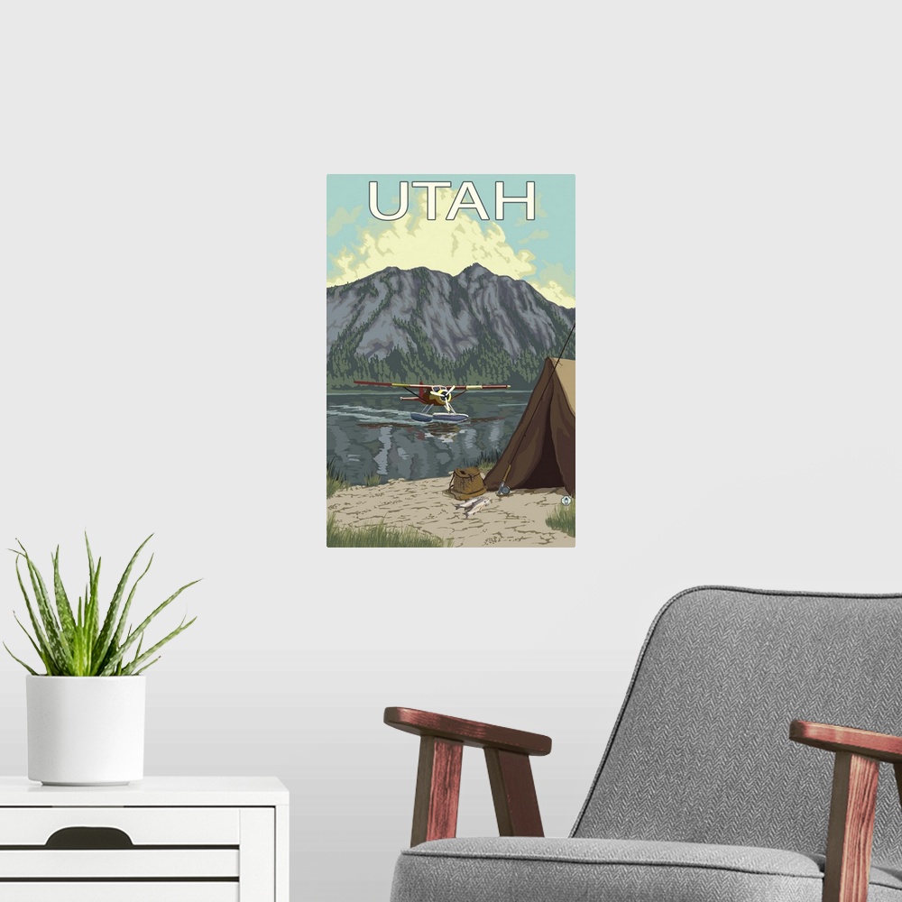 A modern room featuring Bush Plane Fishing - Utah: Retro Travel Poster