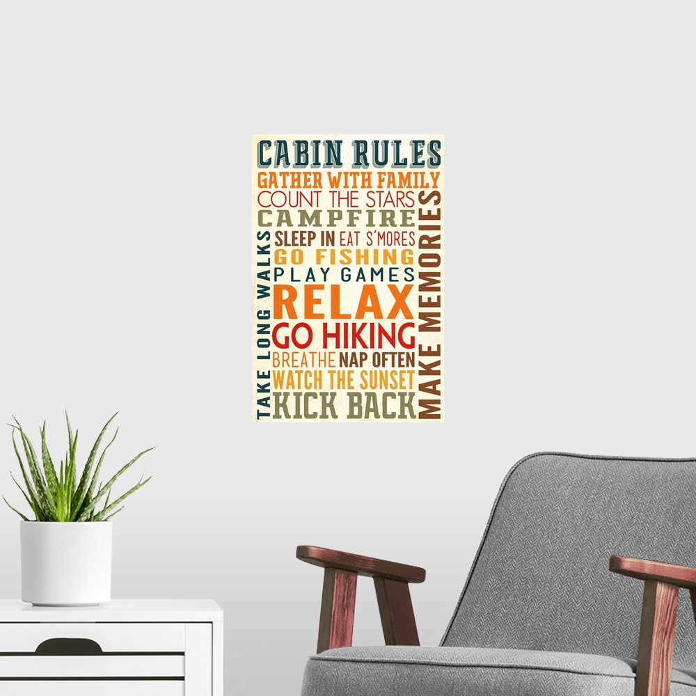 A modern room featuring Cabin Rules Typography