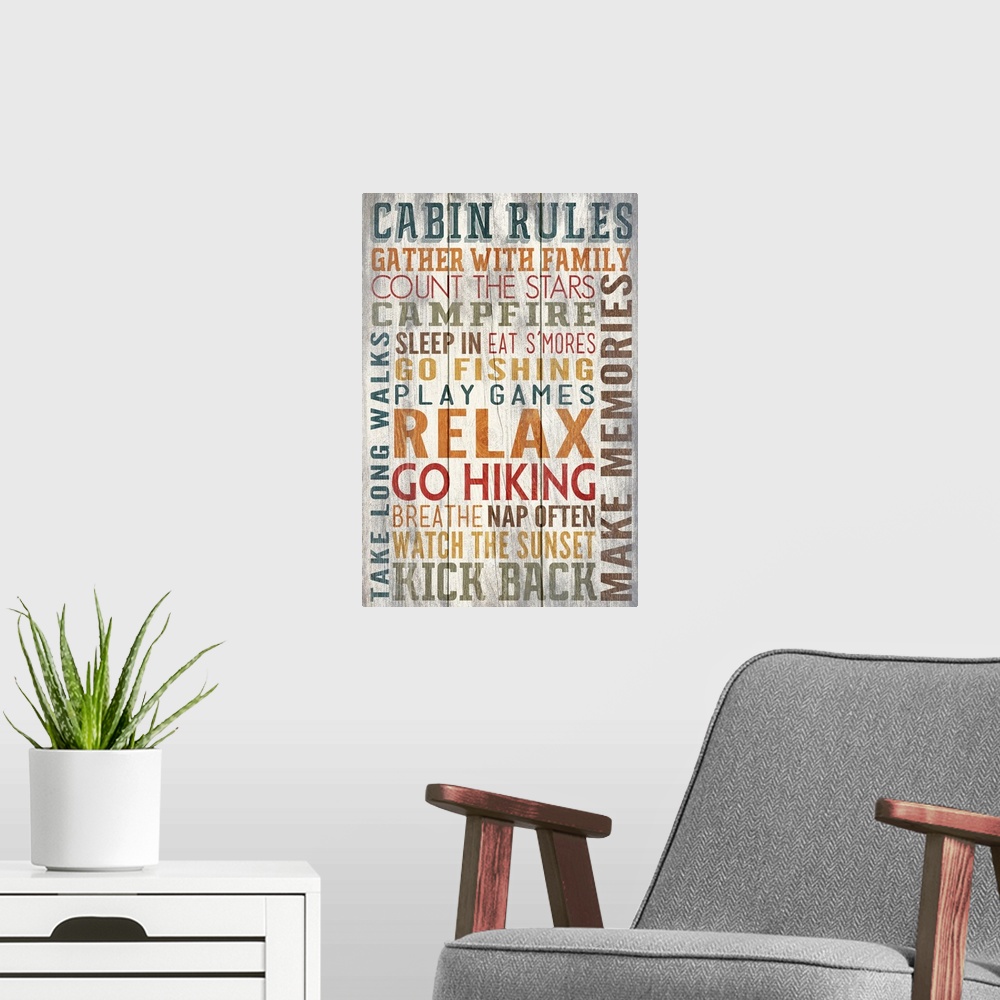 A modern room featuring Cabin Rules Typography, Barnwood Painting