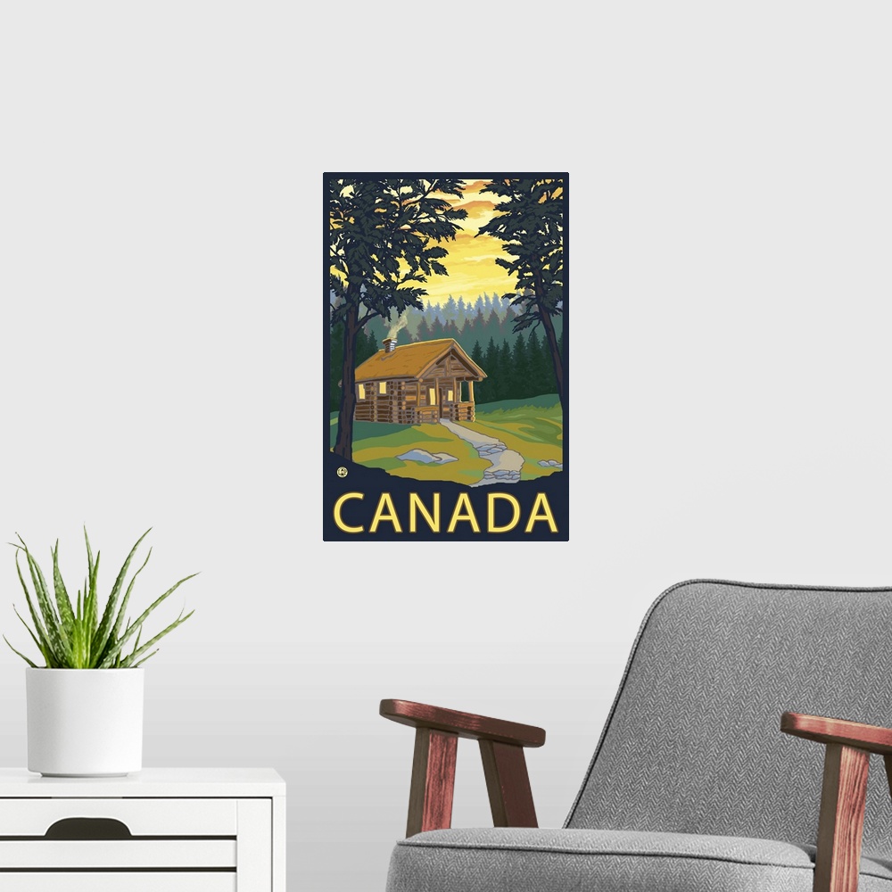 A modern room featuring Cabin Scene - Canada: Retro Travel Poster