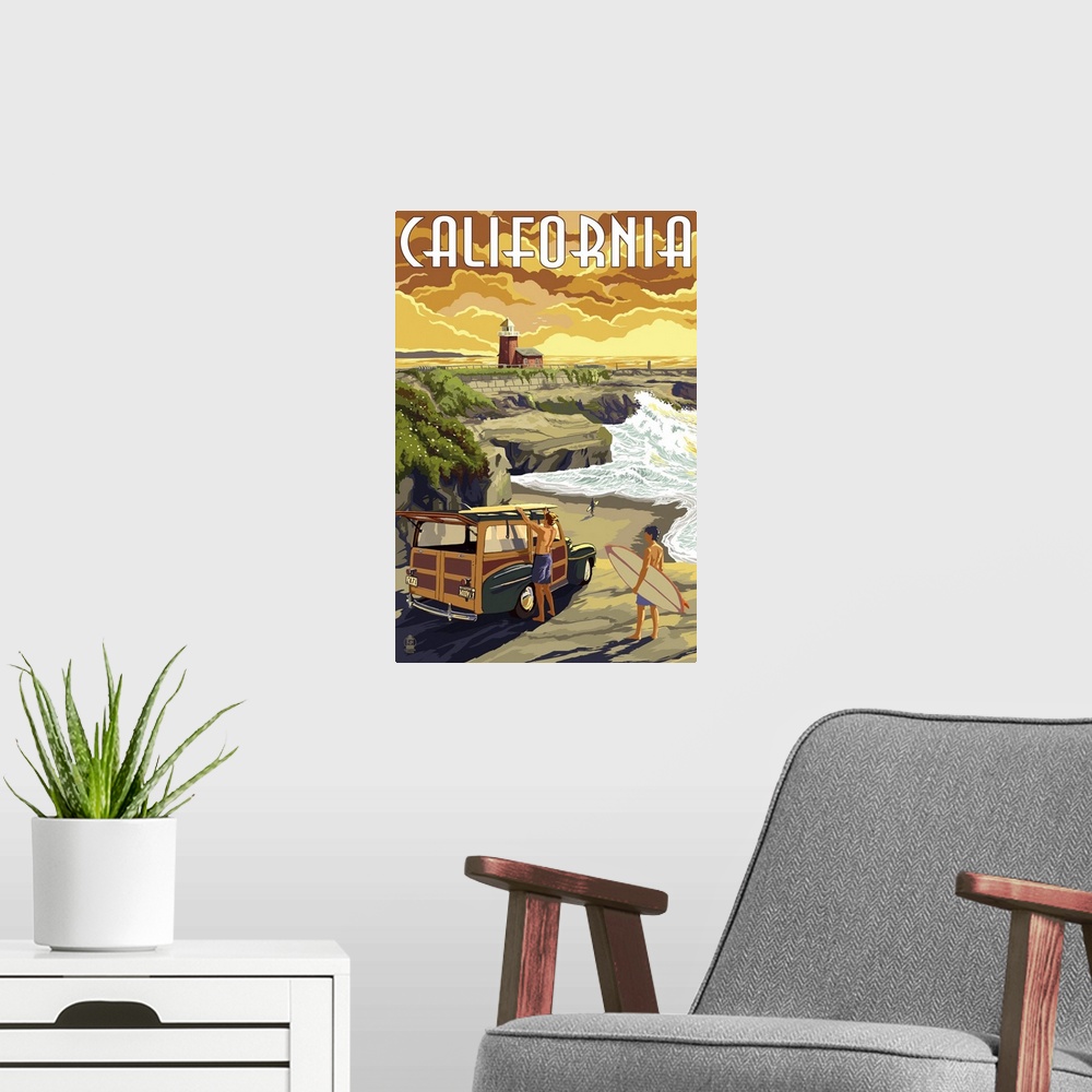 A modern room featuring California Coast - Woody and Lighthouse: Retro Travel Poster