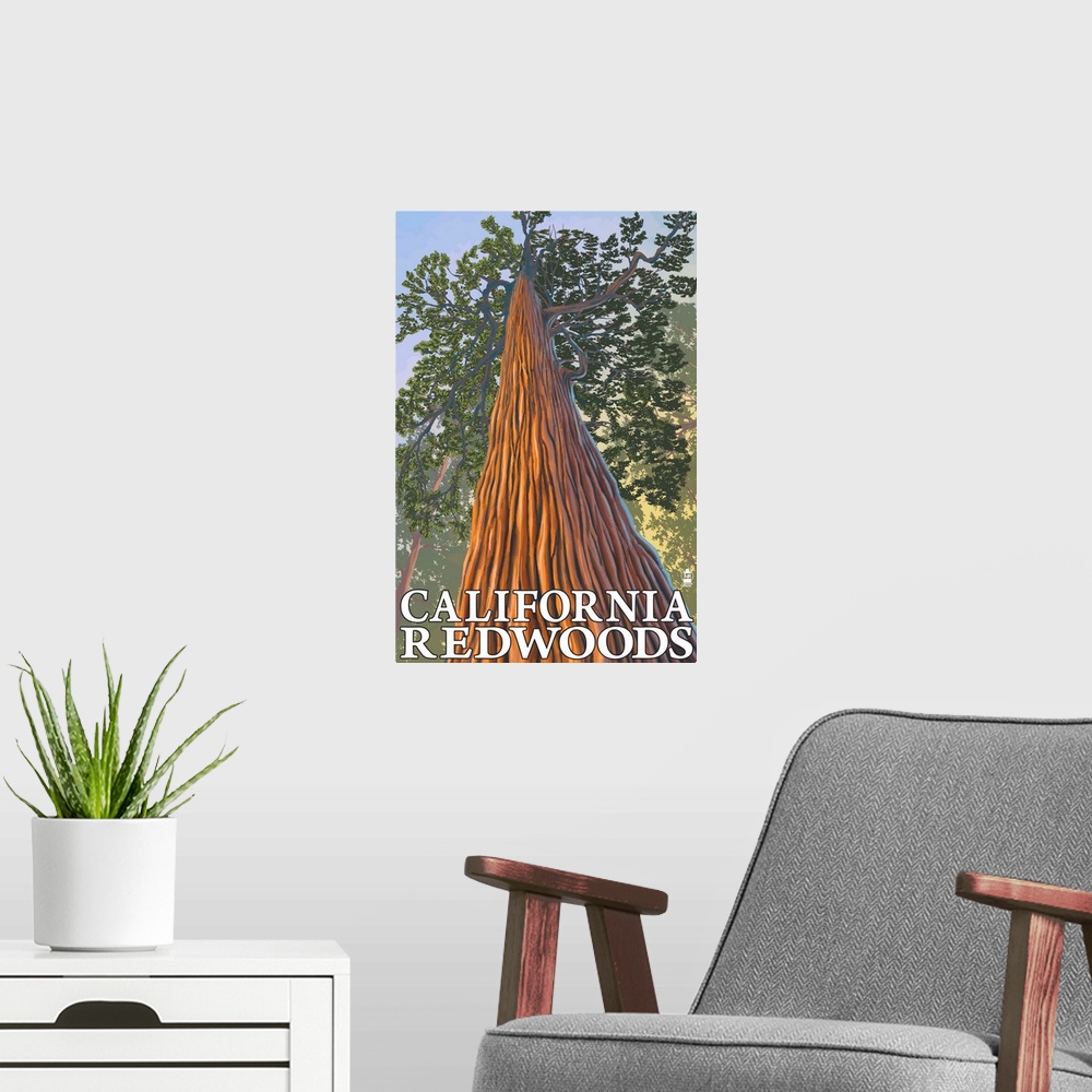 A modern room featuring California Redwoods - Looking Up Tree: Retro Travel Poster