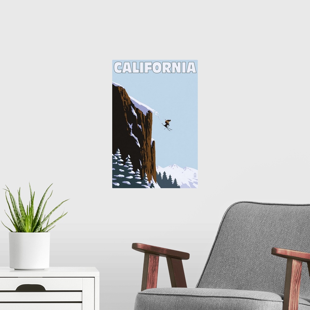 A modern room featuring California - Skier Jumping: Retro Travel Poster
