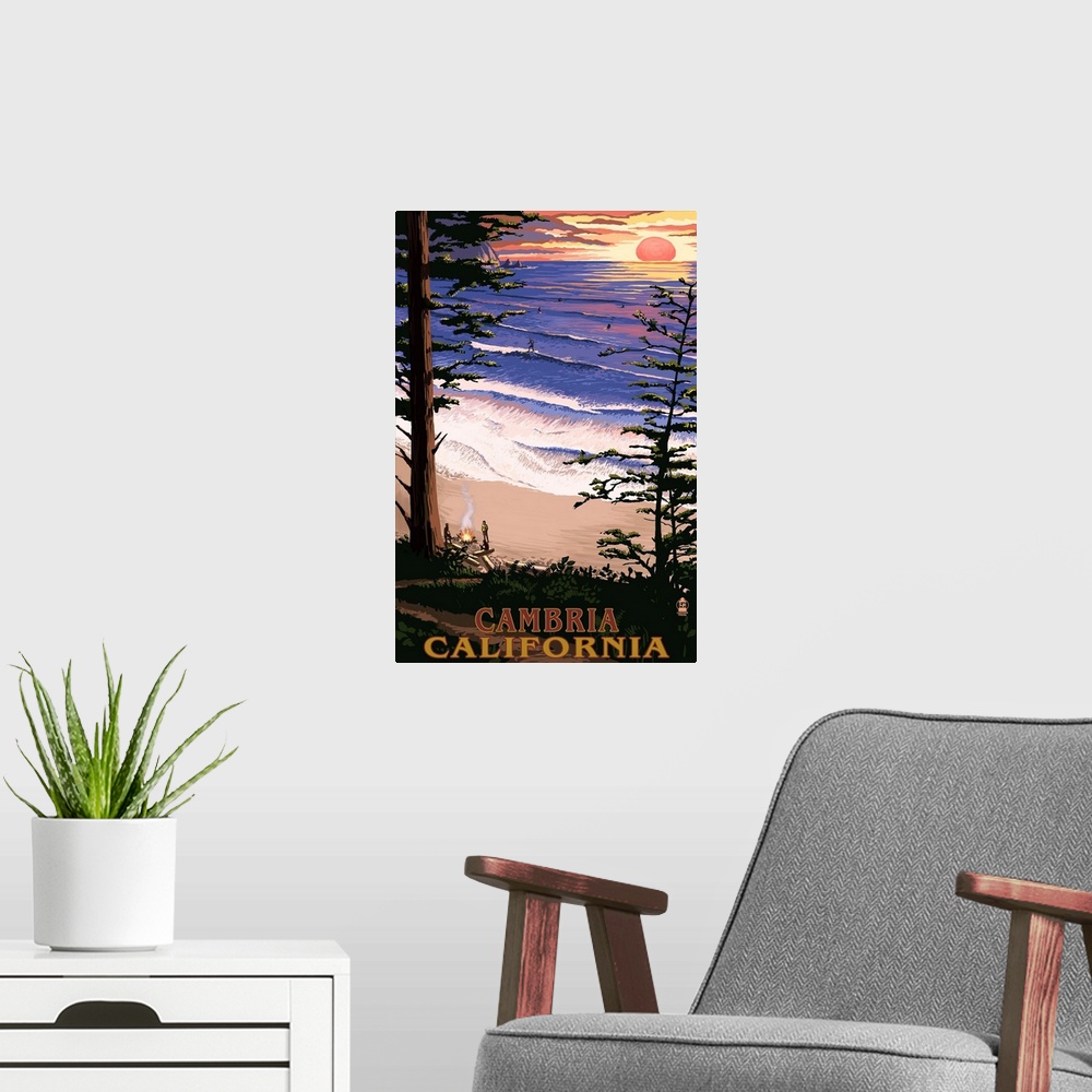 A modern room featuring Cambria, California - Sunset and Surfers : Retro Travel Poster
