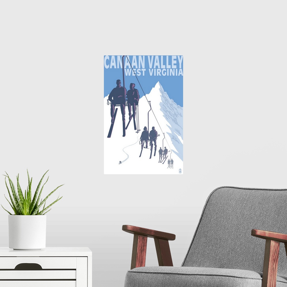 A modern room featuring Canaan Valley, West Virginia - Skiers on Lift: Retro Travel Poster