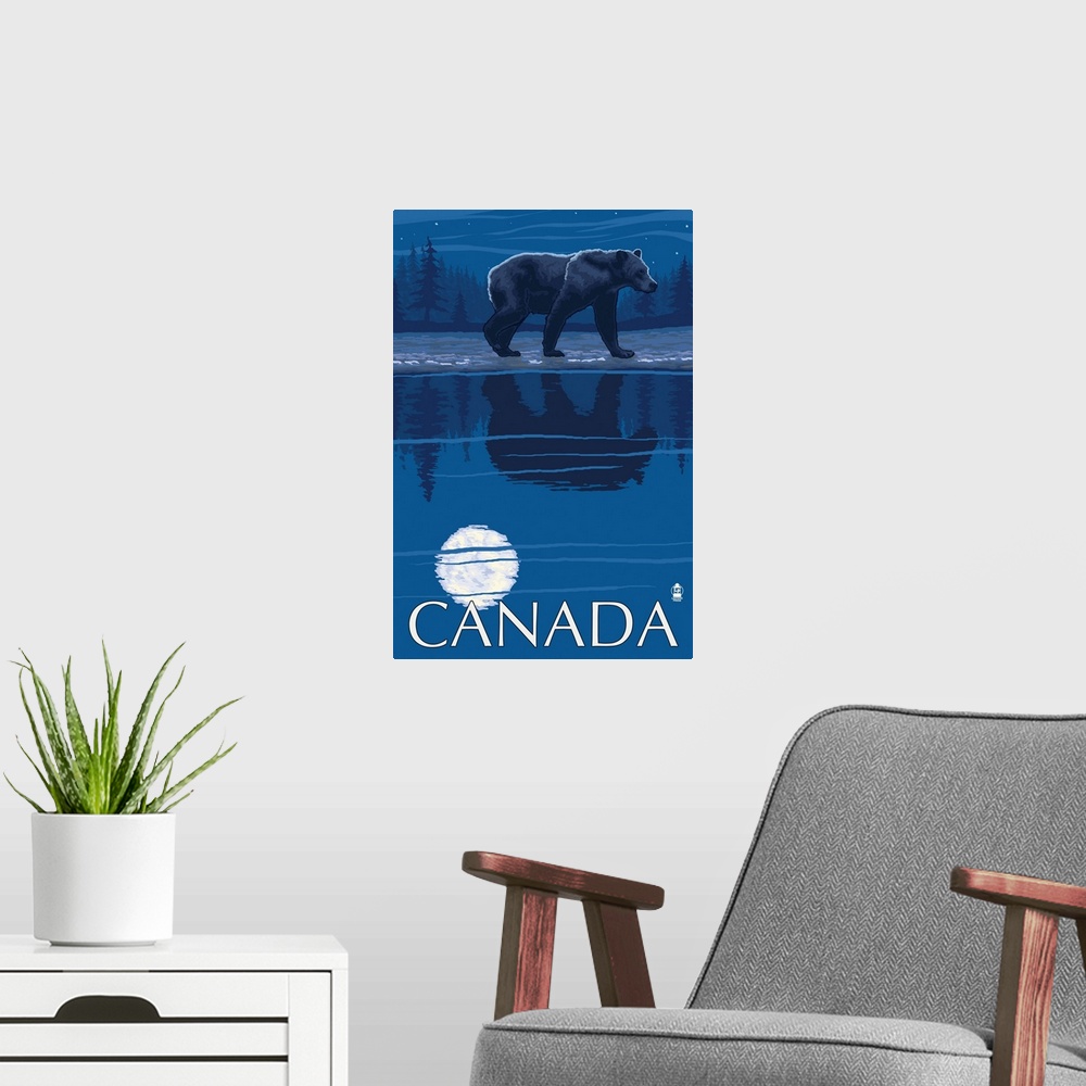 A modern room featuring Canada - Bear and Moon: Retro Travel Poster