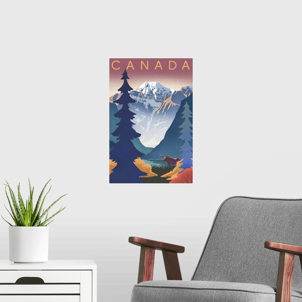 A modern room featuring Canada - Mountain Scene - Lithograph
