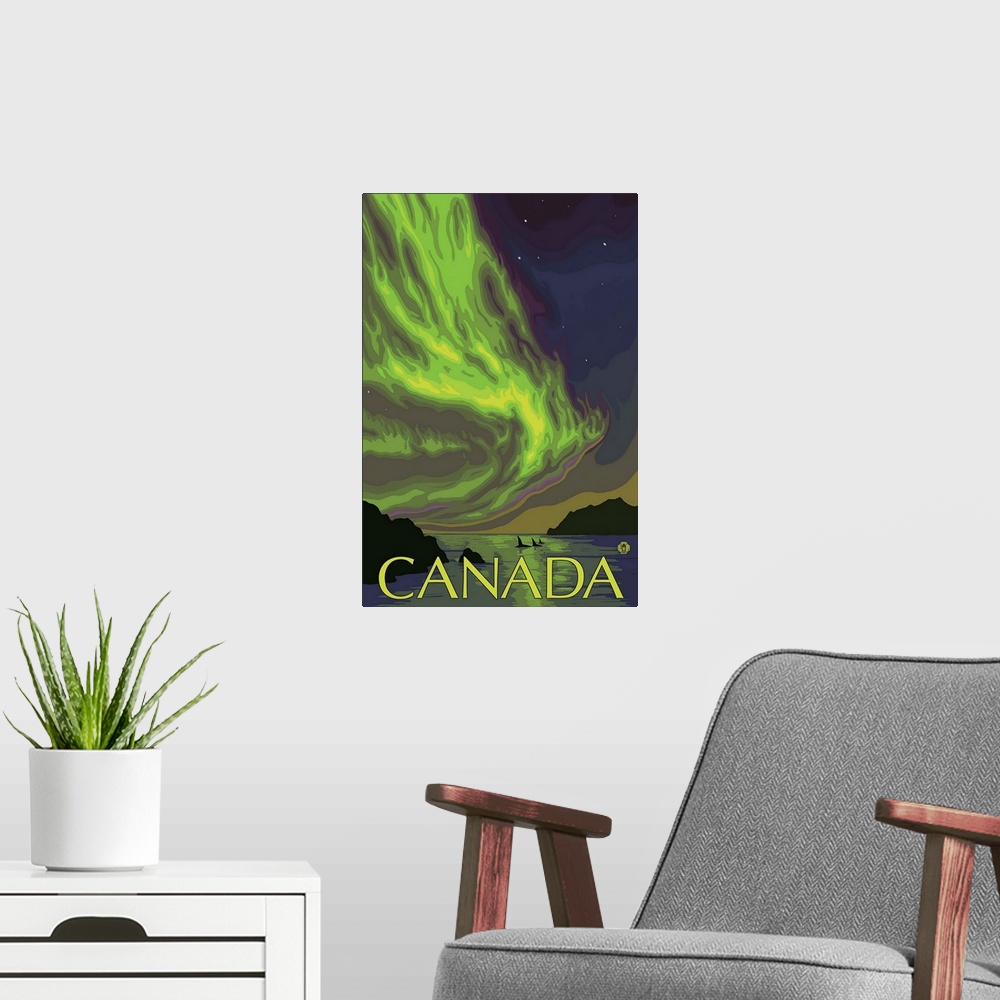A modern room featuring Canada - Northern Lights and Orca: Retro Travel Poster
