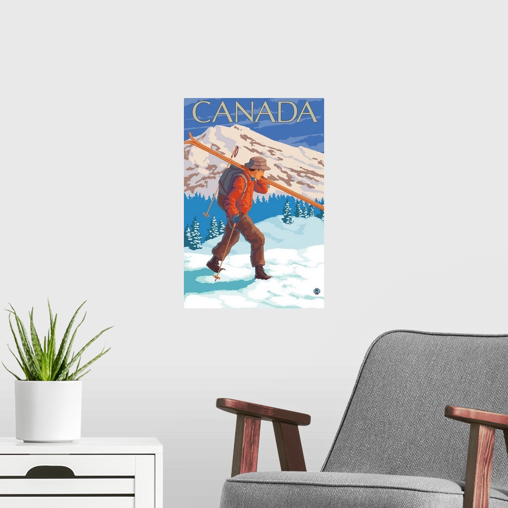 A modern room featuring Canada - Skier Carrying Skis: Retro Travel Poster