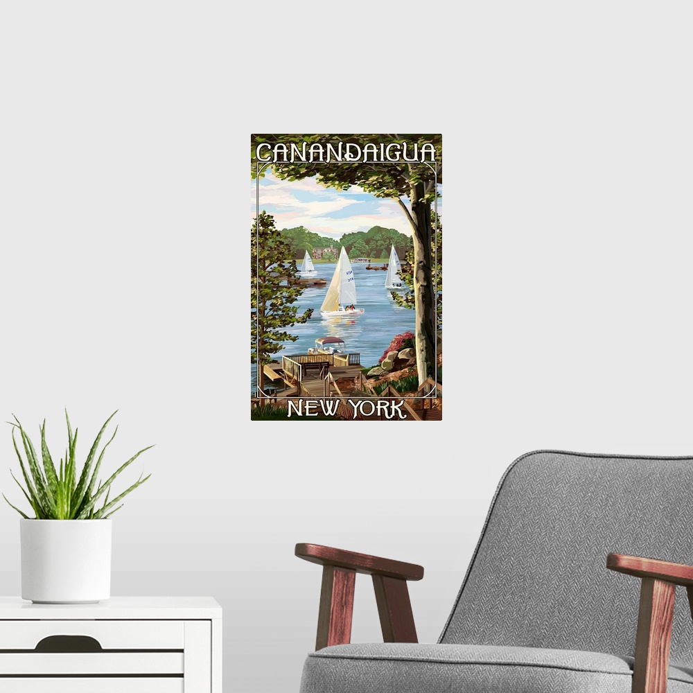 A modern room featuring Canandaigua, New York, Lake View with Sailboats