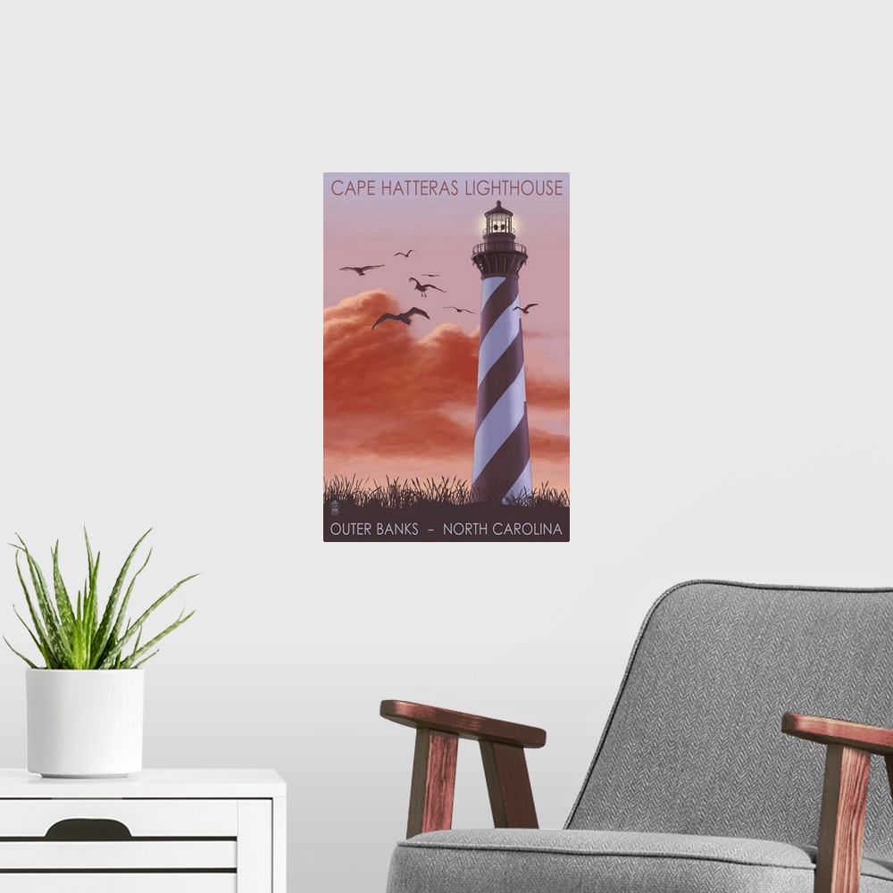 A modern room featuring Cape Hatteras Lighthouse - North Carolina - Sunrise: Retro Travel Poster