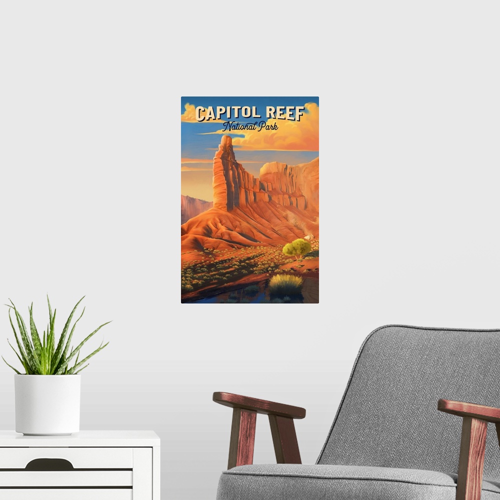 A modern room featuring Capitol Reef National Park, Chimney Rock: Retro Travel Poster