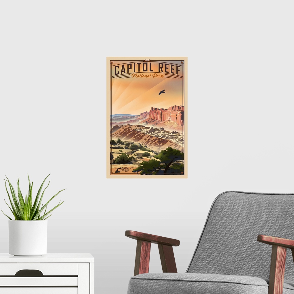 A modern room featuring Capitol Reef National Park, Natural Landscape: Retro Travel Poster
