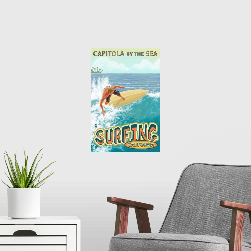 A modern room featuring Capitola, California - Capitola By the Sea Surfer Scene: Retro Travel Poster