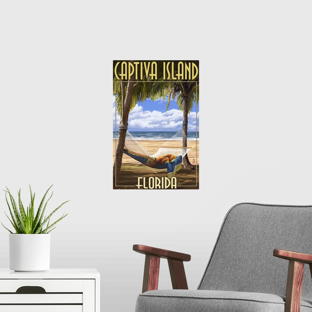 A modern room featuring Retro stylized art poster of a hammock tied up between two palm trees on a beach.