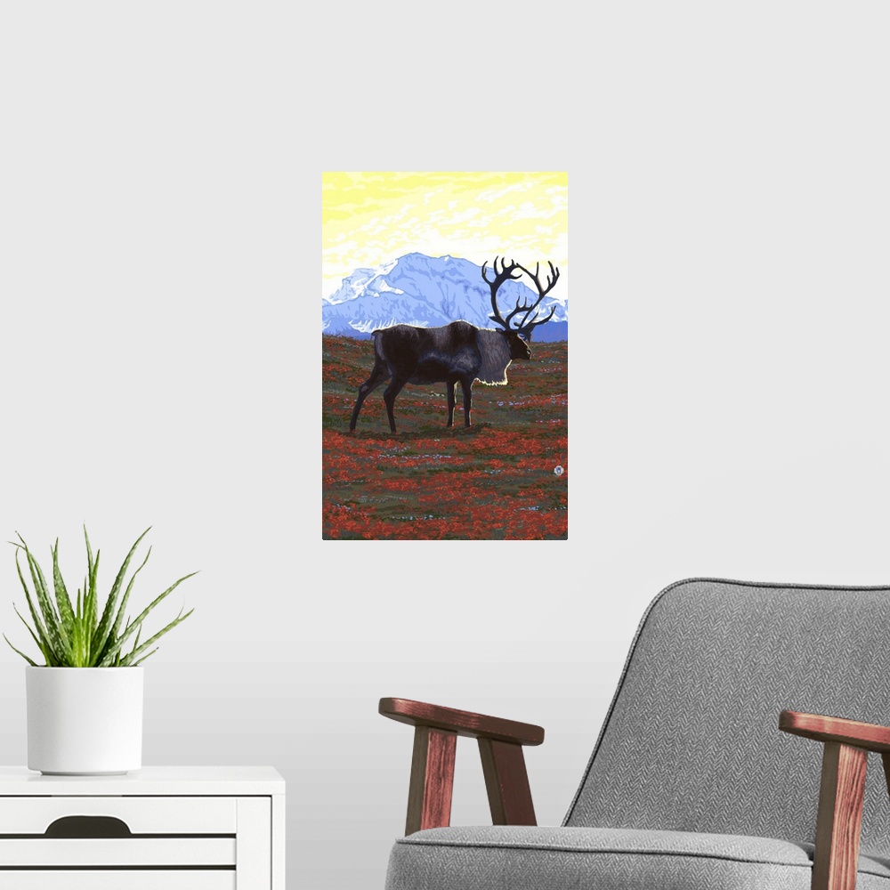 A modern room featuring Caribou and Mountain: Retro Poster