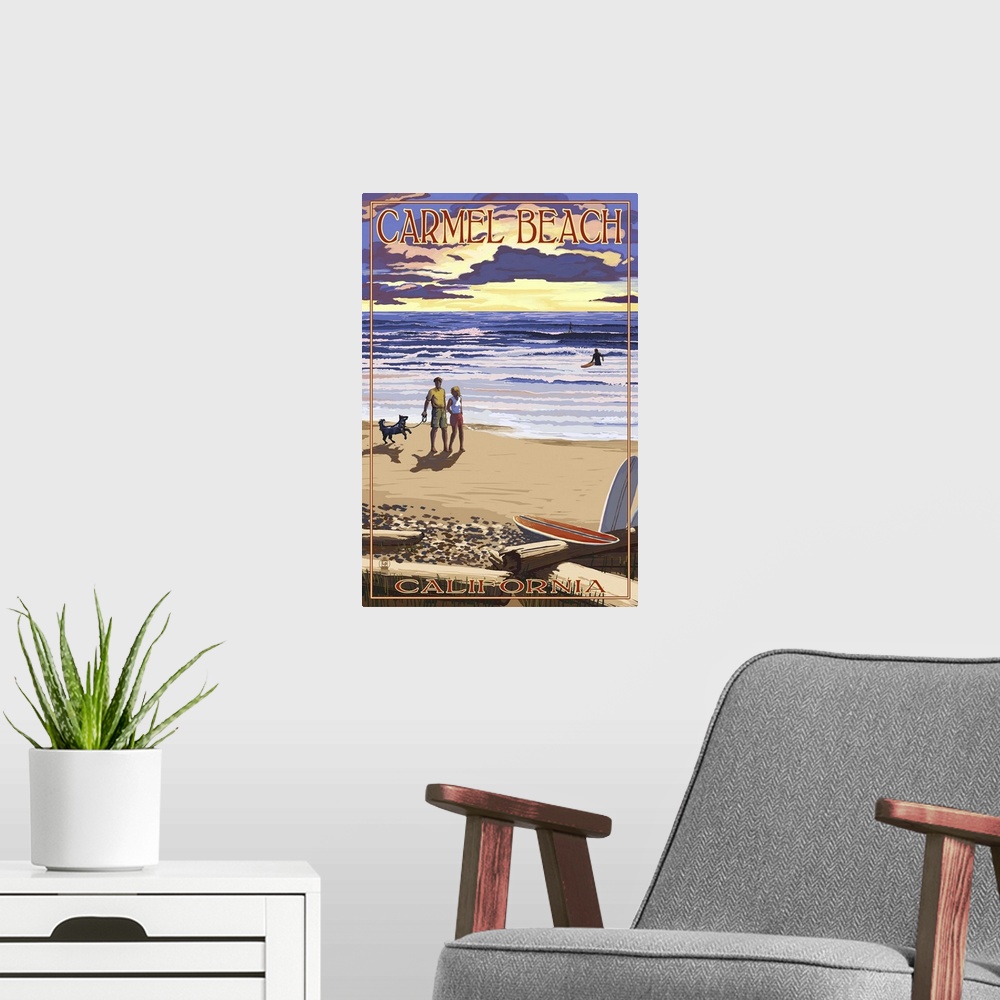 A modern room featuring Retro stylized art poster of a couple with dog walking along a beach.