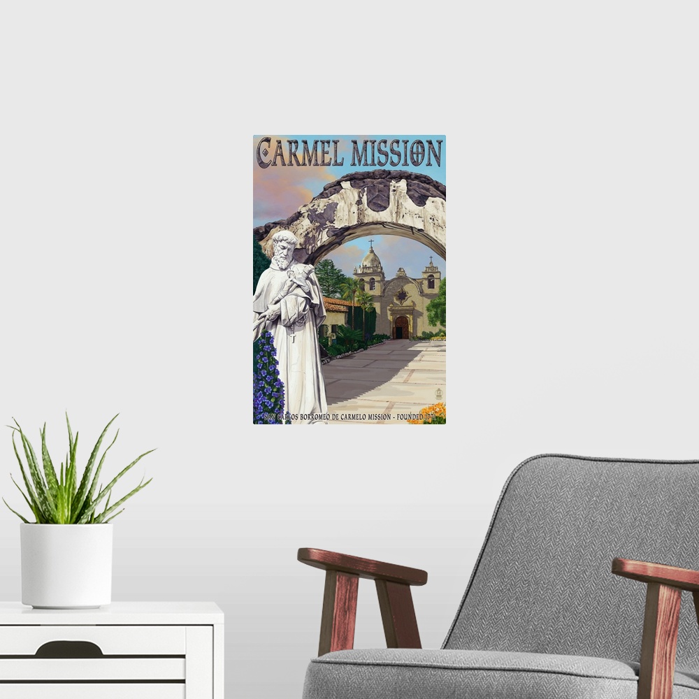 A modern room featuring Carmel Mission, California: Retro Travel Poster