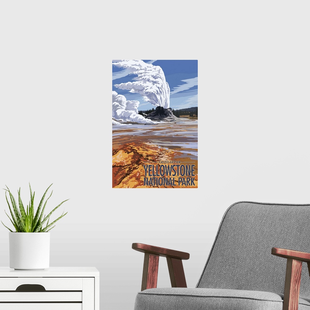 A modern room featuring Castle Geyser - Yellowstone National Park: Retro Travel Poster