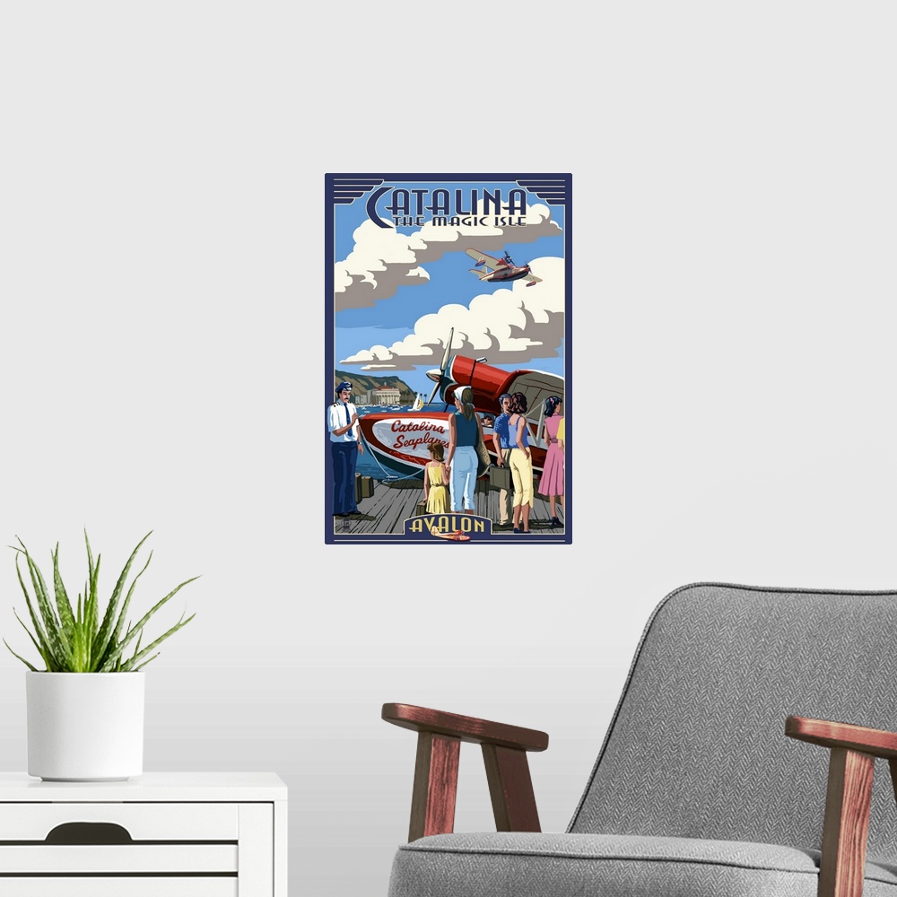 A modern room featuring Catalina Island, California - Seaplane: Retro Travel Poster