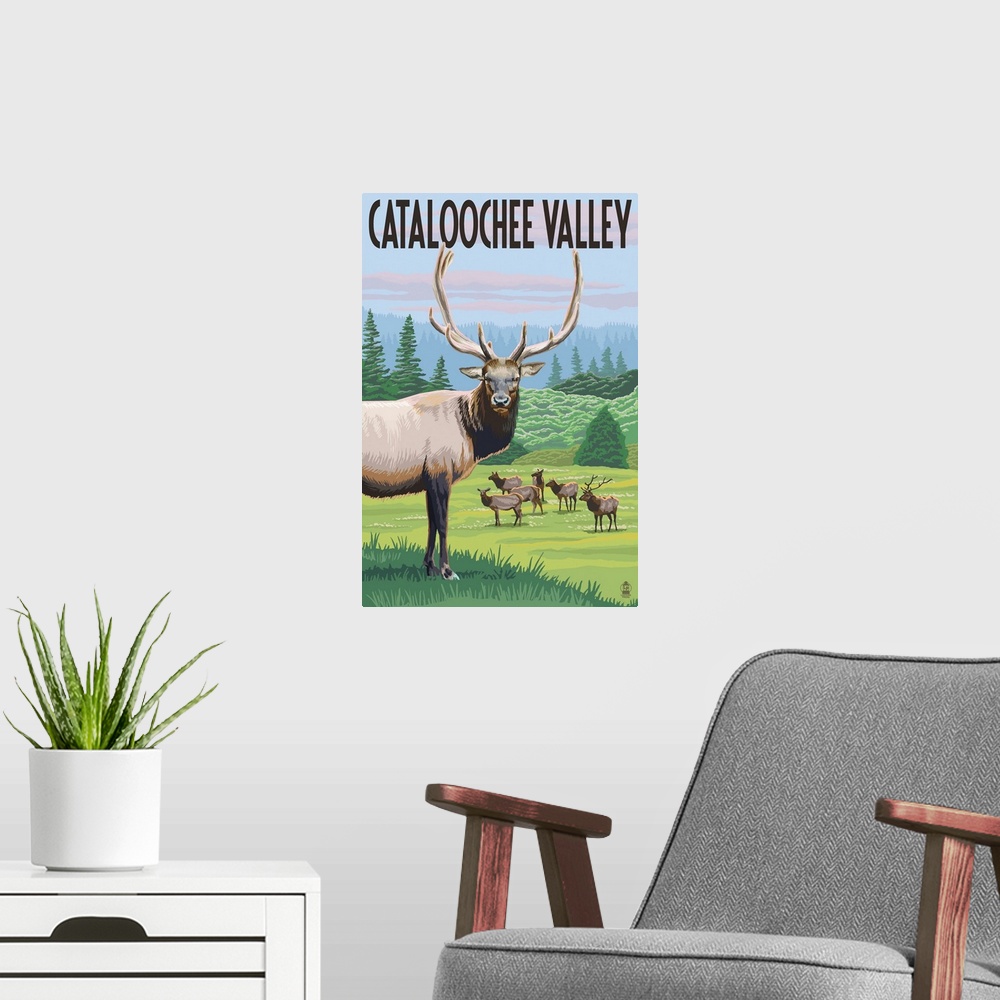 A modern room featuring Retro stylized art poster of an elk gazing, with a herd of elk in the background grazing in the w...