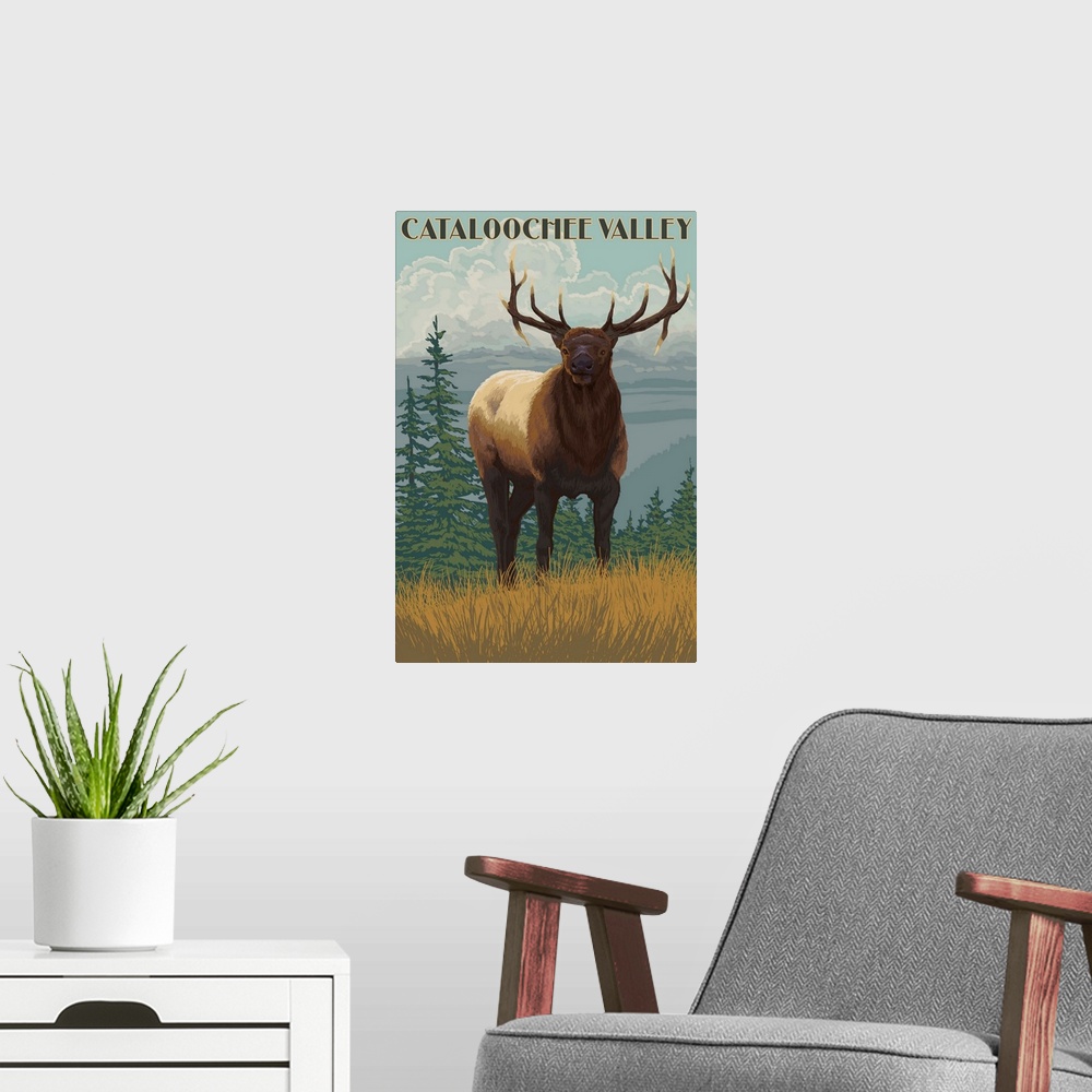 A modern room featuring Retro stylized art poster of an elk in the wilderness, gazing deeply at the viewer.