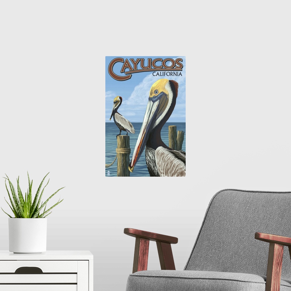 A modern room featuring Cayucos, California - Pelicans: Retro Travel Poster