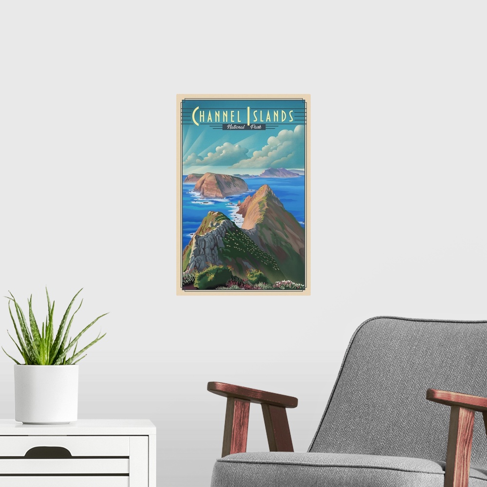 A modern room featuring Channel Islands National Park, Island Landscape: Retro Travel Poster