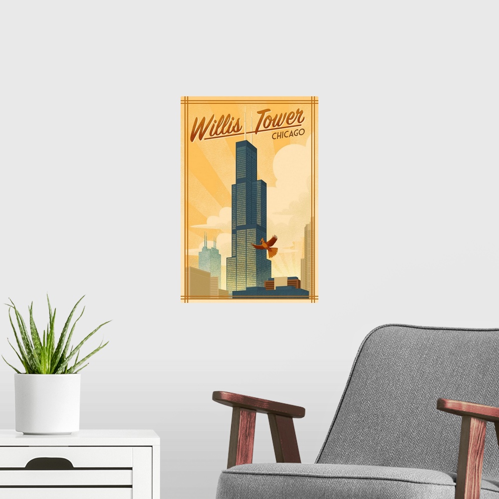 A modern room featuring Chicago, Illinois - Willis Tower - Lithograph