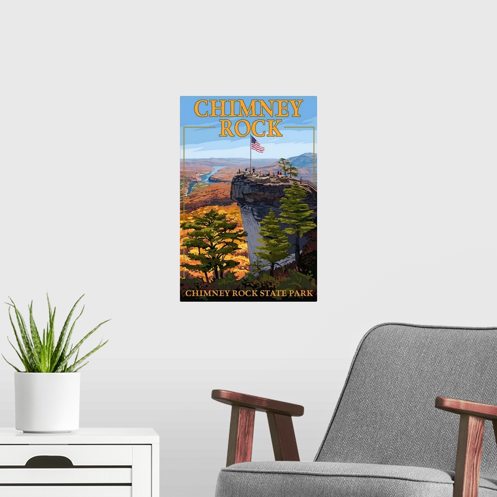 A modern room featuring Chimney Rock State Park, NC - View from Top: Retro Travel Poster