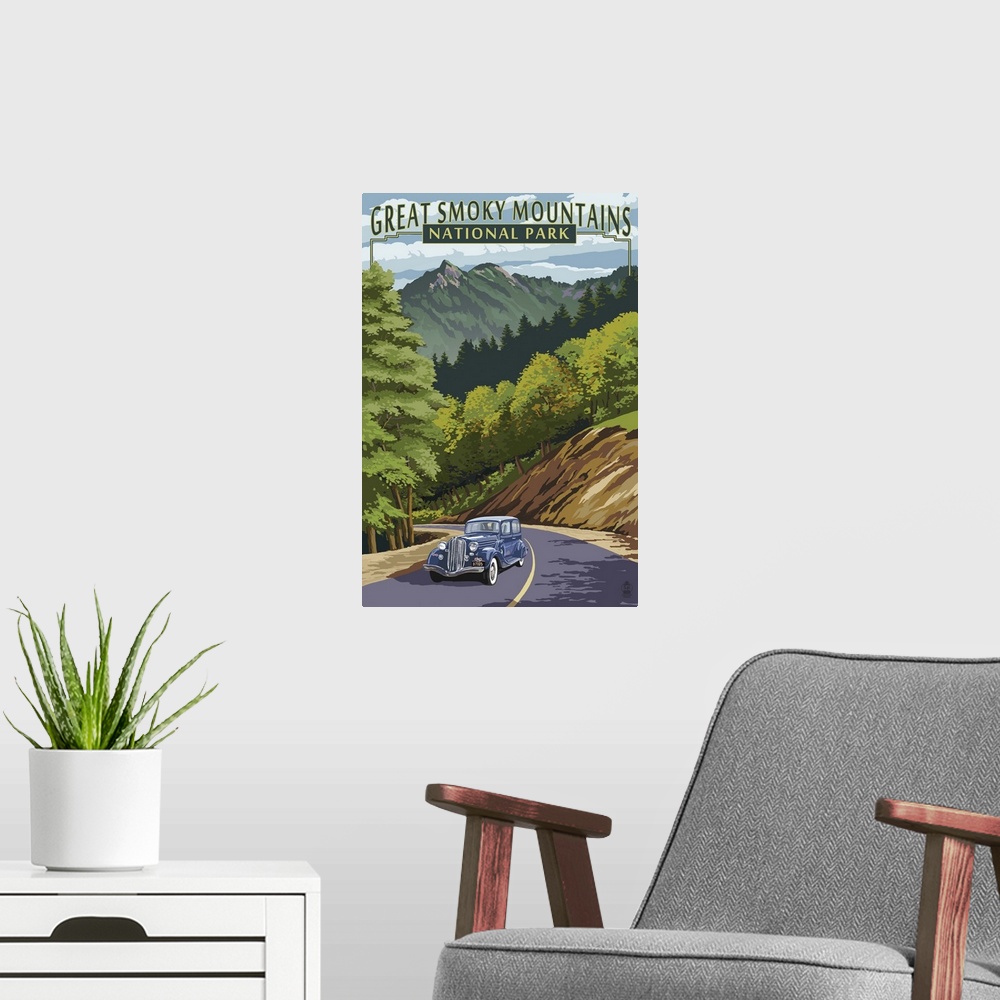 A modern room featuring Chimney Tops and Road - Great Smoky Mountains National Park, TN: Retro Travel Poster