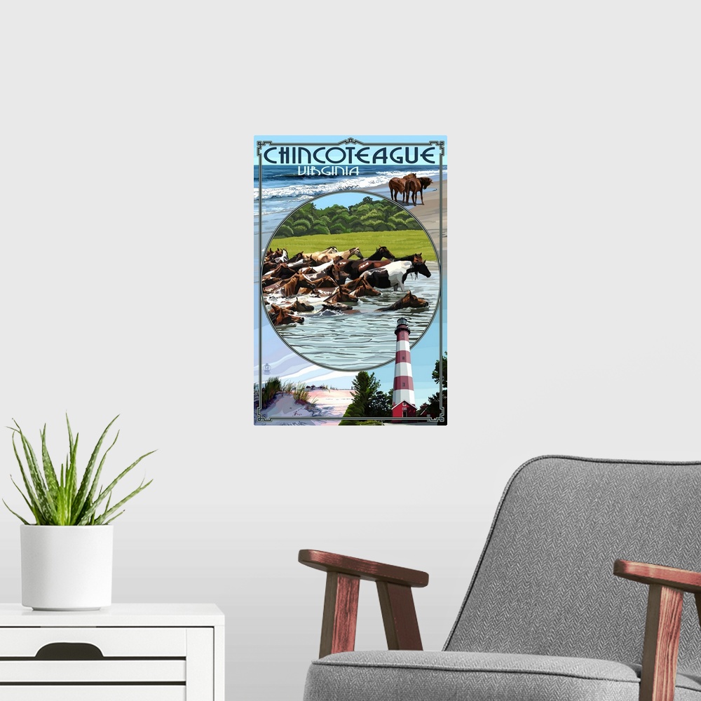 A modern room featuring Chincoteague, Virgina - Scenes: Retro Travel Poster